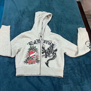 Ed Hardy Gray Kids Hoodie with Dragon and Heart Design